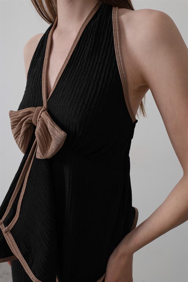 Önü Kelebekli Örme Takım - Siyah