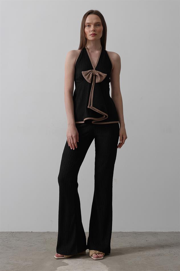 Önü Kelebekli Örme Takım - Siyah