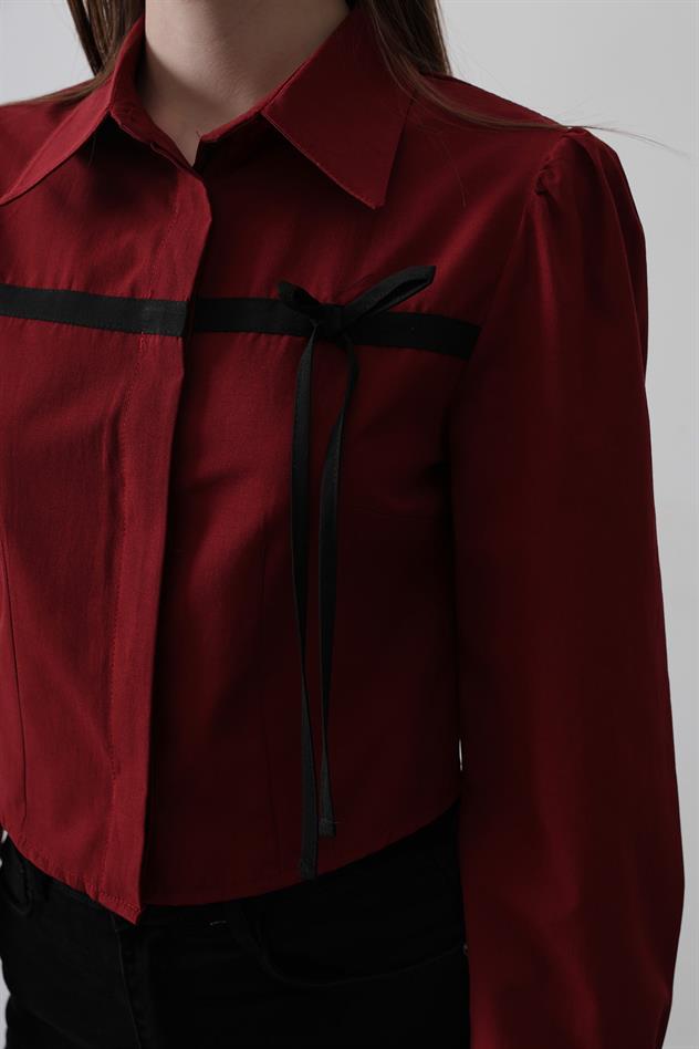 Önü Kontrast Fiyonklu Gömlek - Bordo