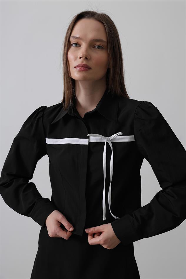 Önü Kontrast Fiyonklu Gömlek - Siyah