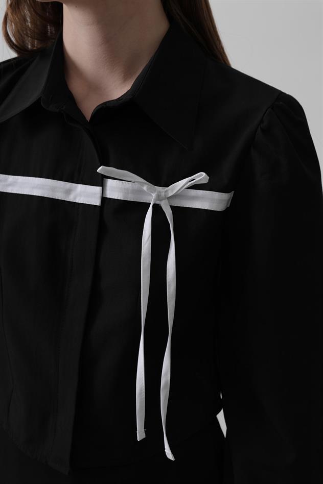Önü Kontrast Fiyonklu Gömlek - Siyah