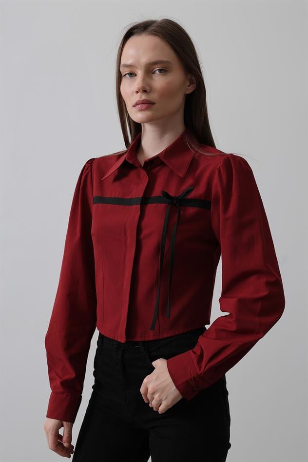 Önü Kontrast Fiyonklu Gömlek - Bordo