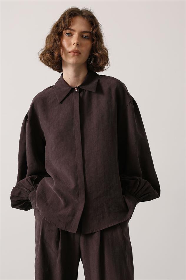 OVERSİZE KOL DETAYLI GÖMLEK - Kahve