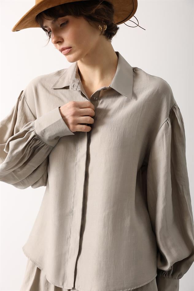 OVERSİZE KOL DETAYLI GÖMLEK - Taş