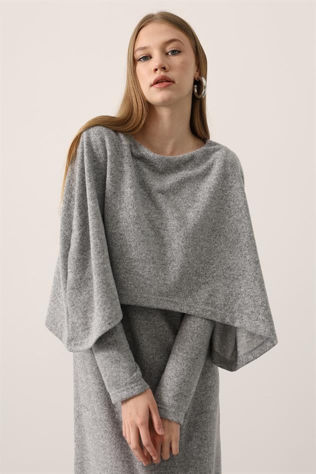 PELERİN UZUN KOLLU YUMOŞ ELBİSE - Gri