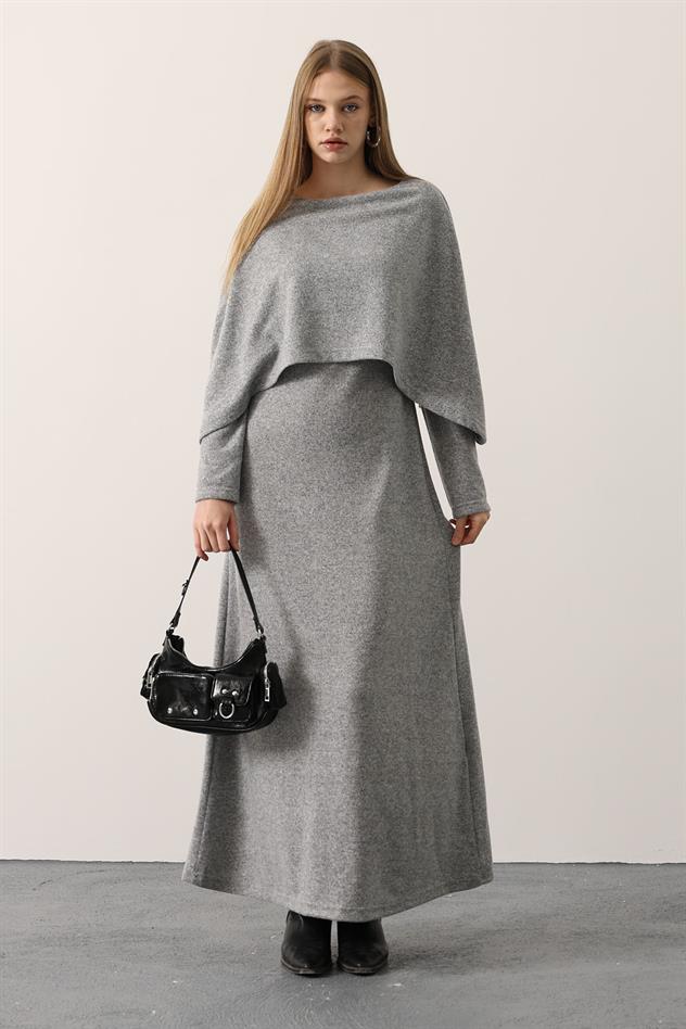 PELERİN UZUN KOLLU YUMOŞ ELBİSE - Gri