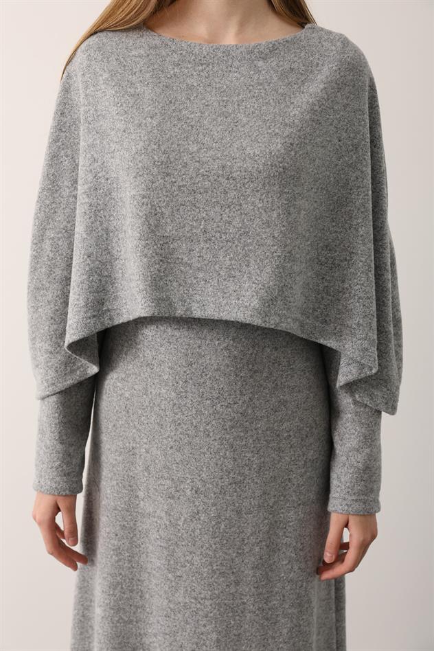 PELERİN UZUN KOLLU YUMOŞ ELBİSE - Gri