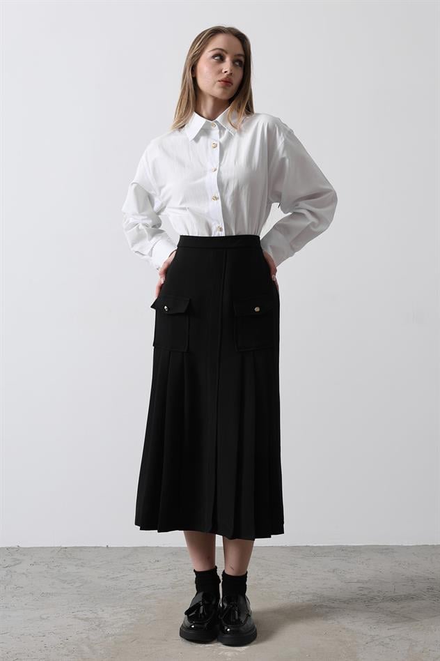 Pileli Kontrast Gömlek Elbise - Beyaz