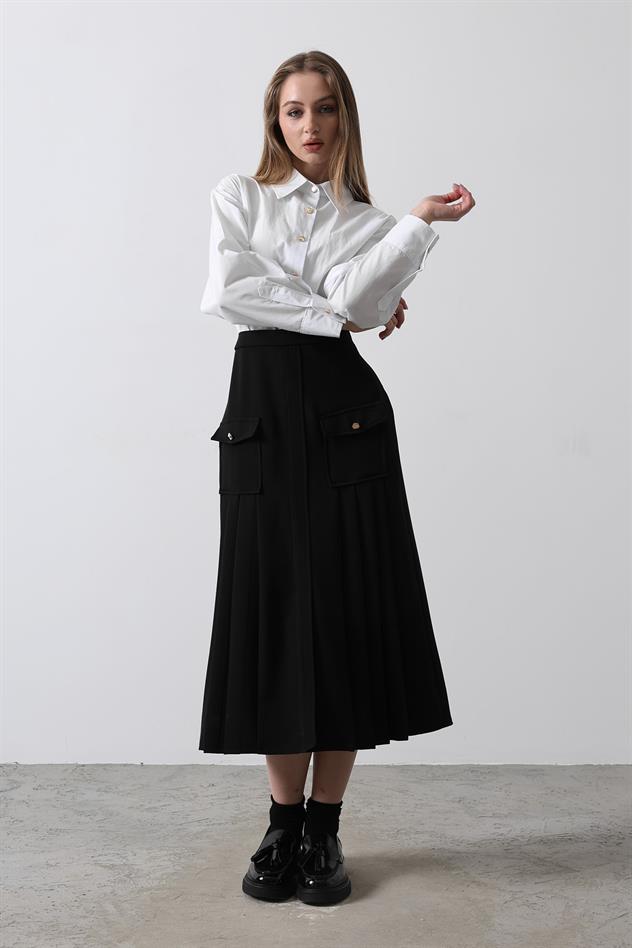 Pileli Kontrast Gömlek Elbise - Beyaz