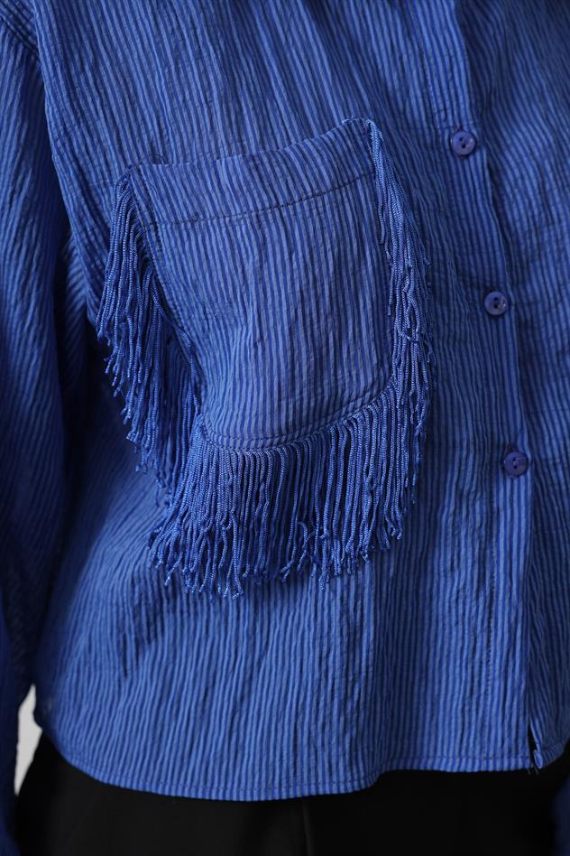 Püskül Cep Detaylı Kısa Gömlek - Mavi