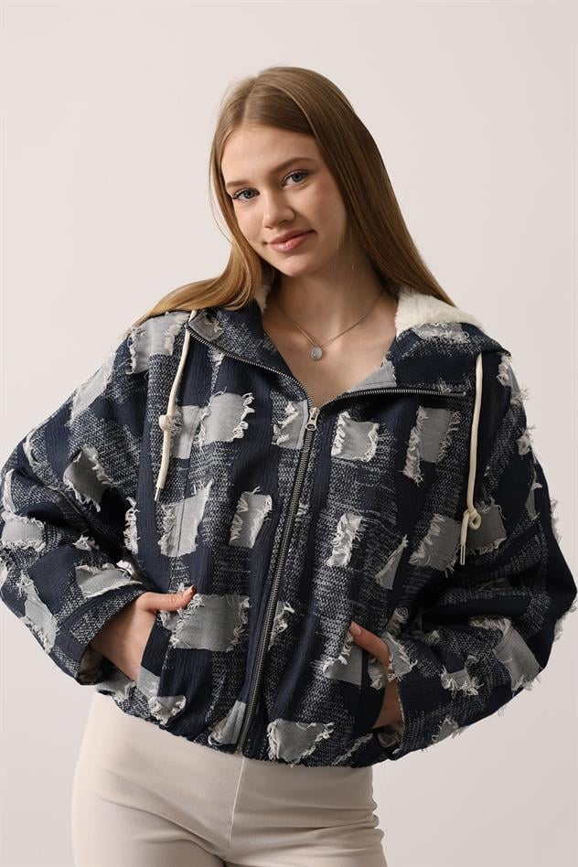 SACAKLI DENİM KAPÜŞONLU BAMBER CEKET - Lacivert