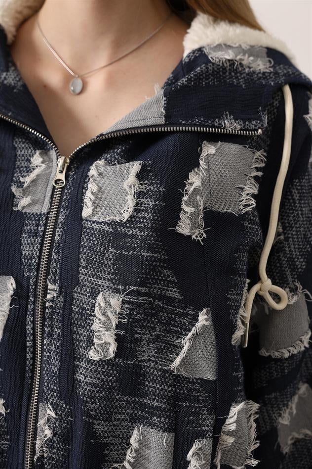 SACAKLI DENİM KAPÜŞONLU BAMBER CEKET - Lacivert