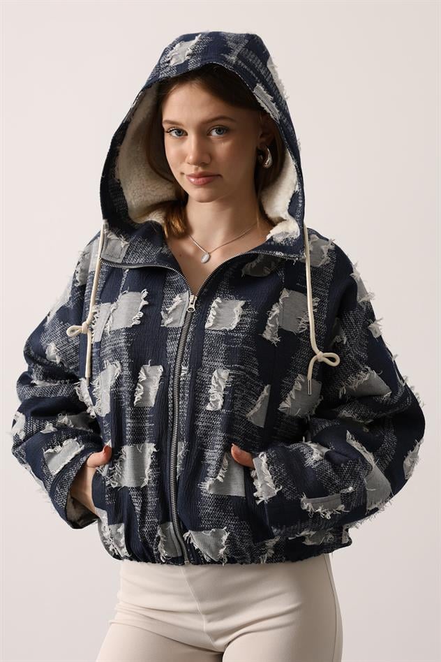 SACAKLI DENİM KAPÜŞONLU BAMBER CEKET - Lacivert