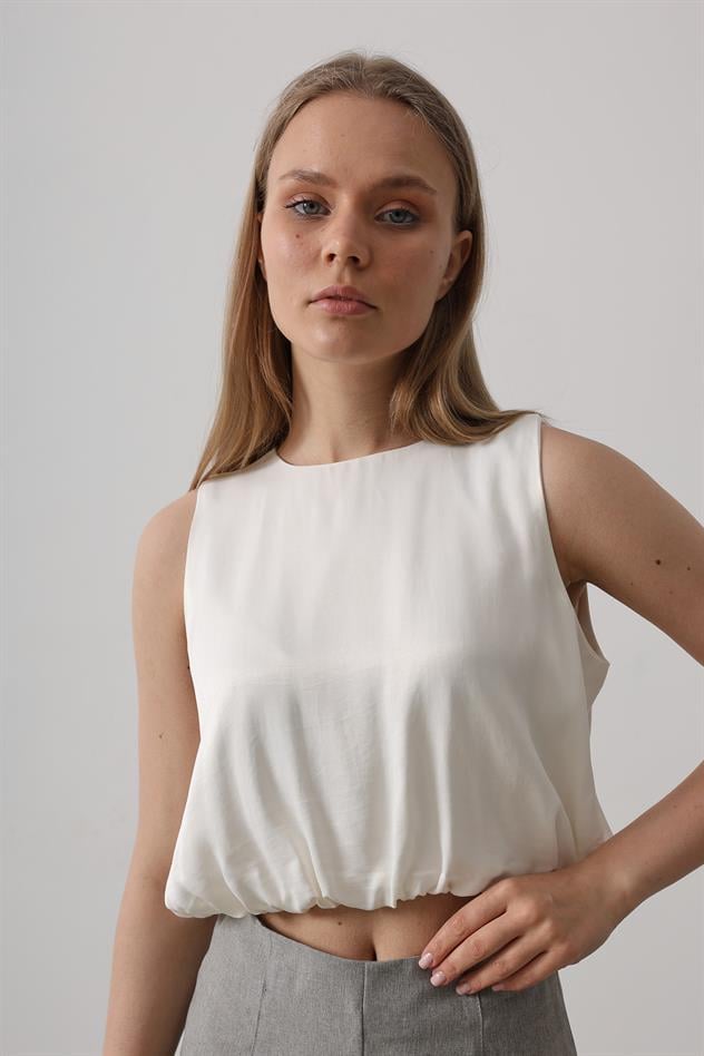 Saten Kolsuz Belki Lastikli Bluz - Ekru