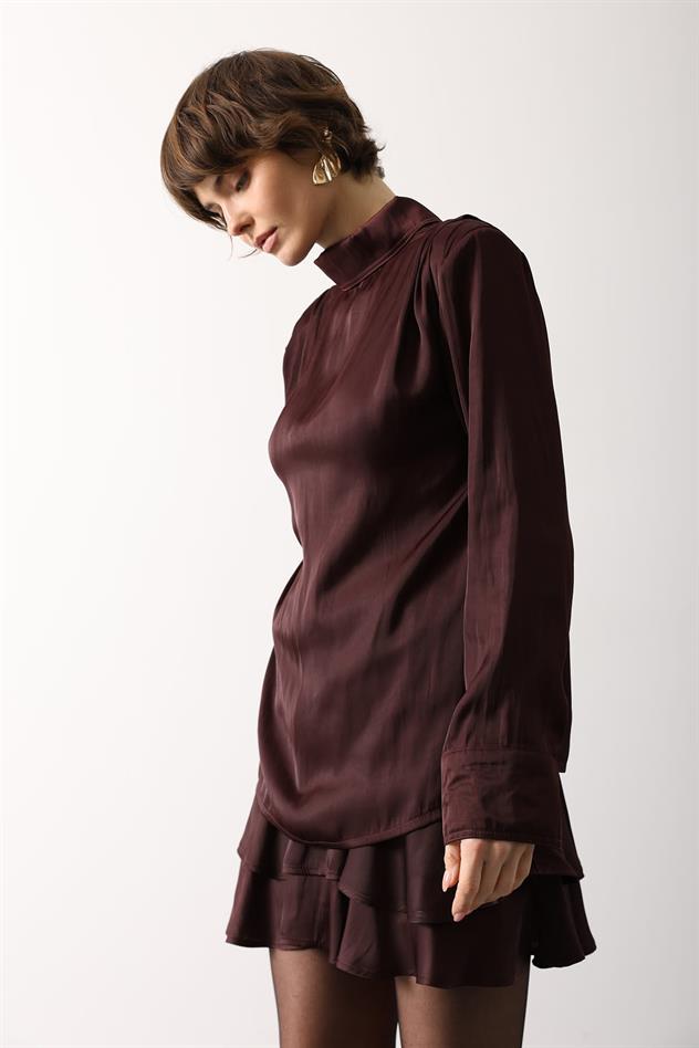 SATEN PİLE DETAYLI BLUZ - Bordo
