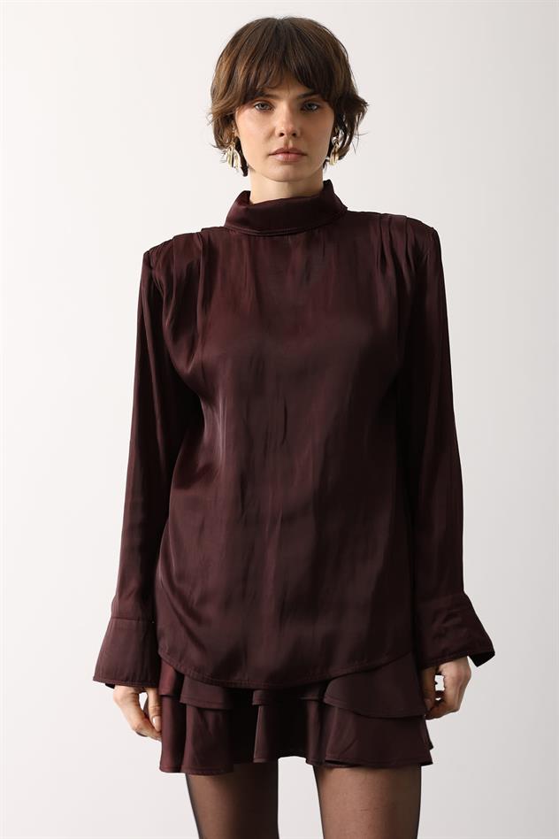 SATEN PİLE DETAYLI BLUZ - Bordo
