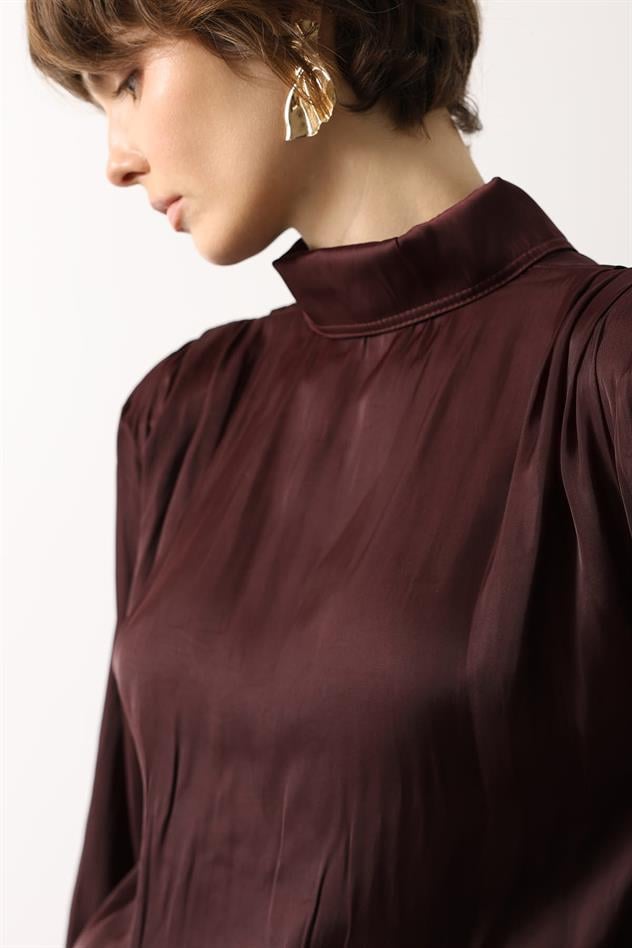 SATEN PİLE DETAYLI BLUZ - Bordo