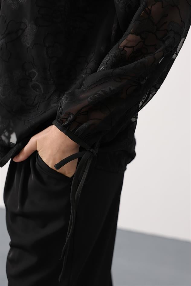 Şifon Desenli Bağlamalı Bluz - Siyah