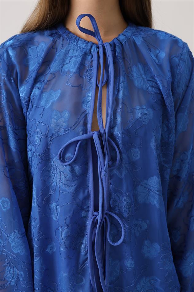 Şifon Desenli Bağlamalı Bluz - Saks