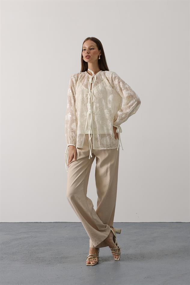 Şifon Desenli Bağlamalı Bluz - Taş