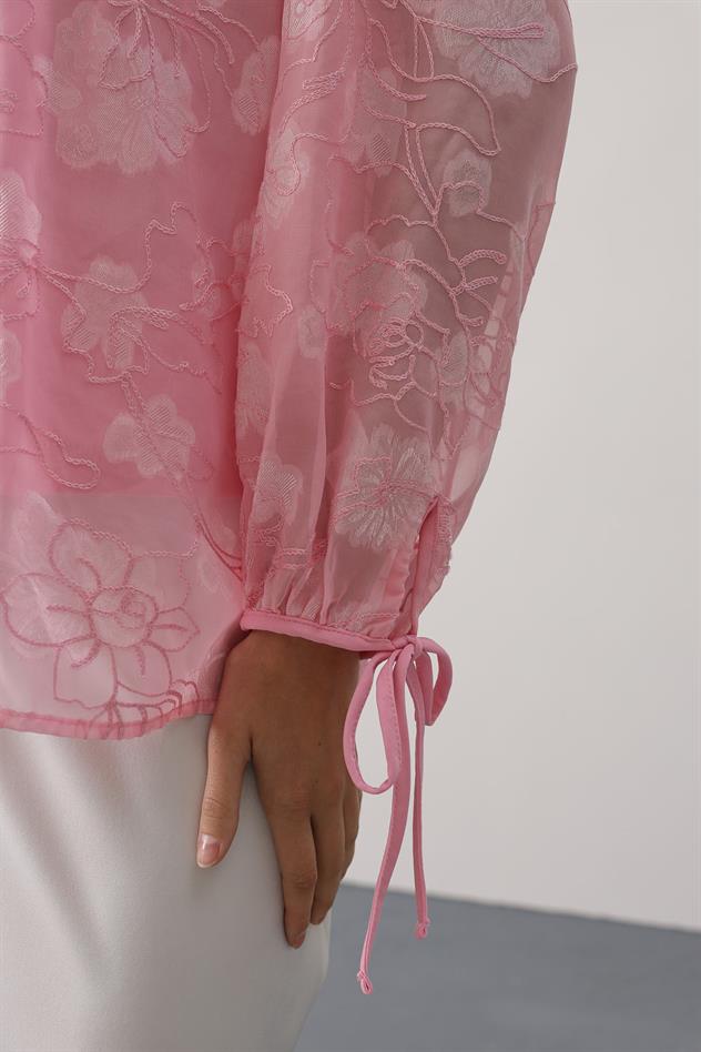 Şifon Desenli Bağlamalı Bluz - Pembe