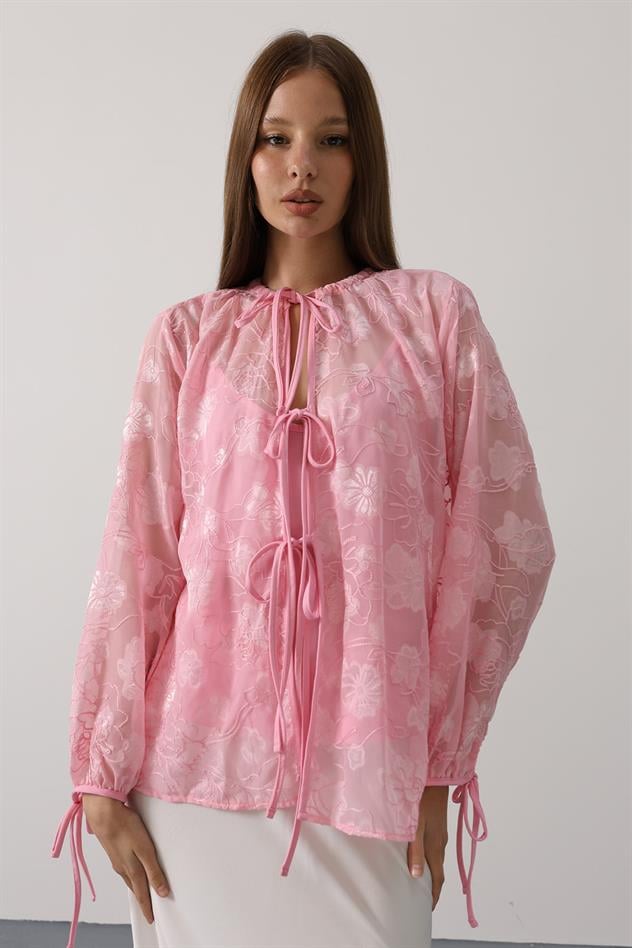 Şifon Desenli Bağlamalı Bluz - Pembe