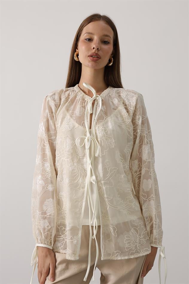 Şifon Desenli Bağlamalı Bluz - Taş