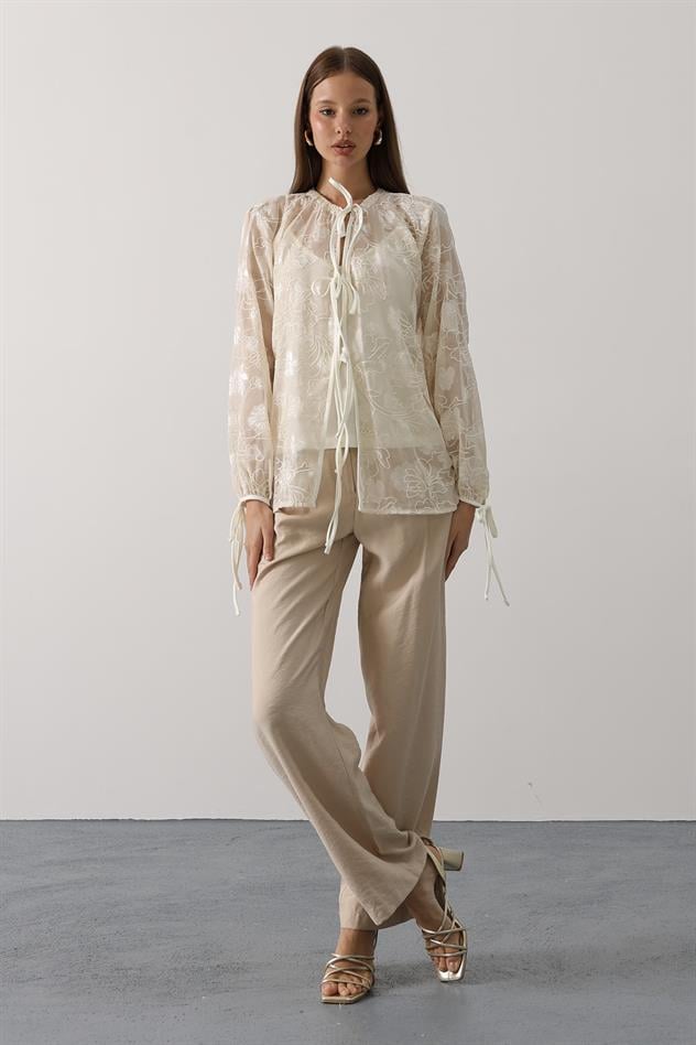 Şifon Desenli Bağlamalı Bluz - Taş