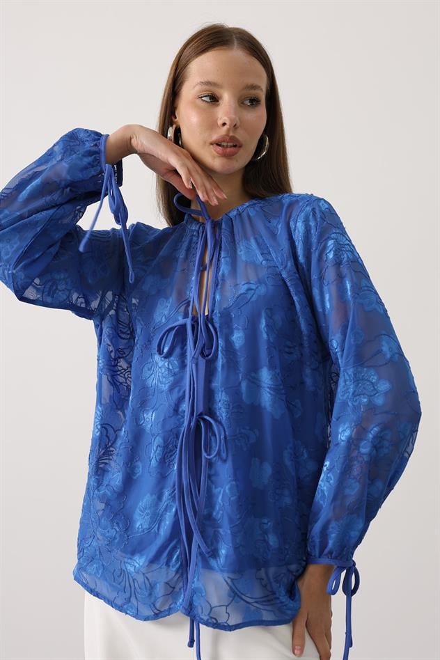 Şifon Desenli Bağlamalı Bluz - Saks