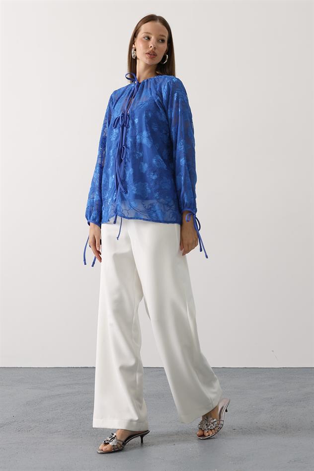 Şifon Desenli Bağlamalı Bluz - Saks