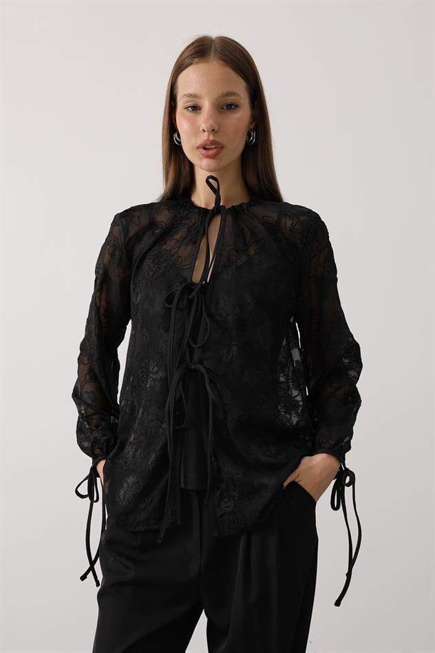 Şifon Desenli Bağlamalı Bluz - Siyah