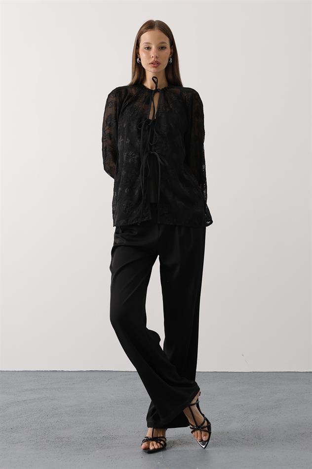 Şifon Desenli Bağlamalı Bluz - Siyah