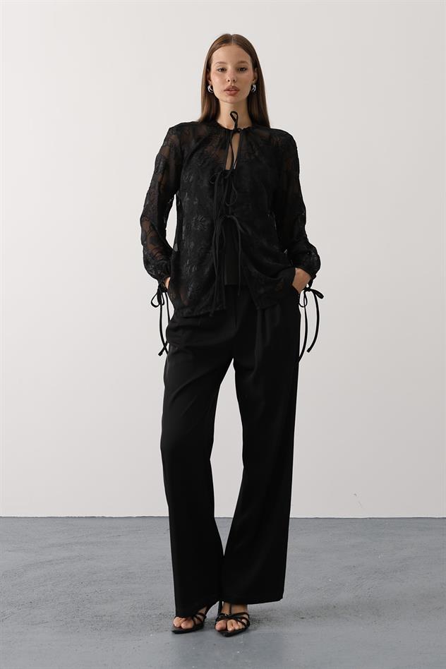 Şifon Desenli Bağlamalı Bluz - Siyah