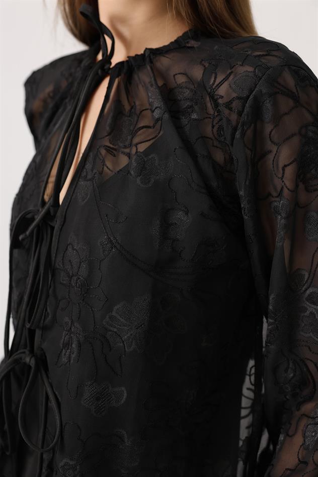 Şifon Desenli Bağlamalı Bluz - Siyah