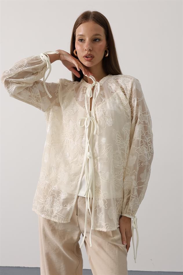 Şifon Desenli Bağlamalı Bluz - Taş