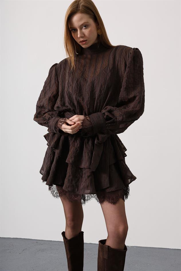 SİMLİ CİZGİLİ DANTELLİ MİNİ ELBİSE - Kahve