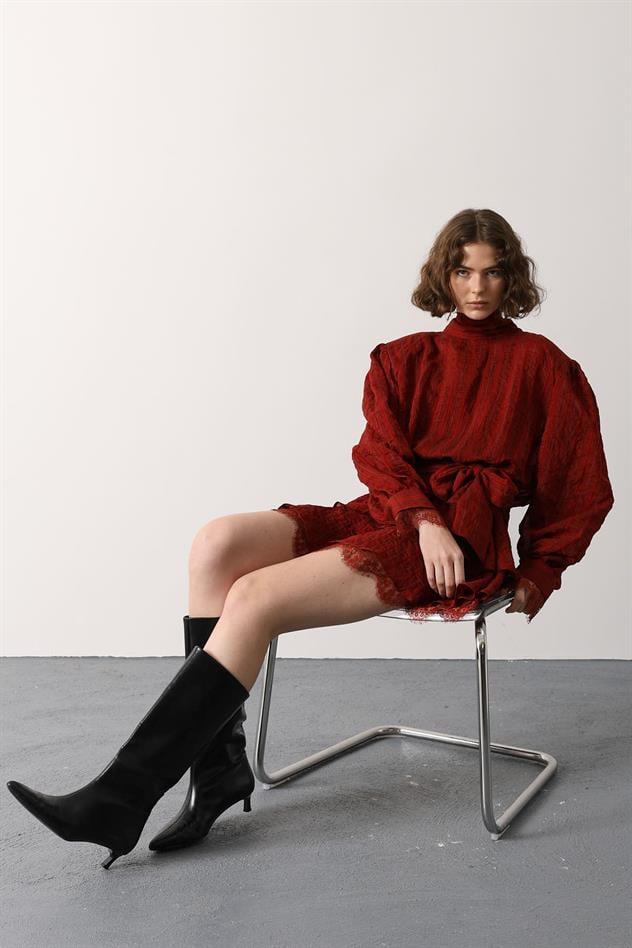 SİMLİ CİZGİLİ DANTELLİ MİNİ ELBİSE - Bordo