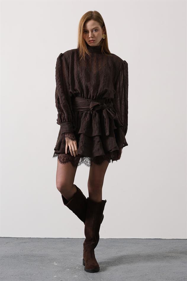 SİMLİ CİZGİLİ DANTELLİ MİNİ ELBİSE - Kahve