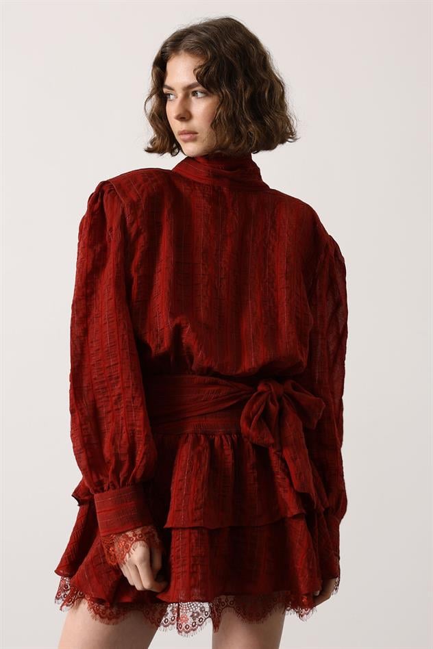 SİMLİ CİZGİLİ DANTELLİ MİNİ ELBİSE - Bordo