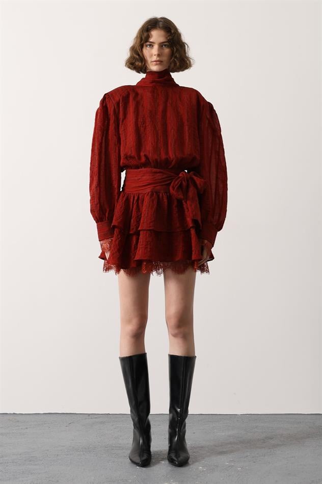 SİMLİ CİZGİLİ DANTELLİ MİNİ ELBİSE - Bordo