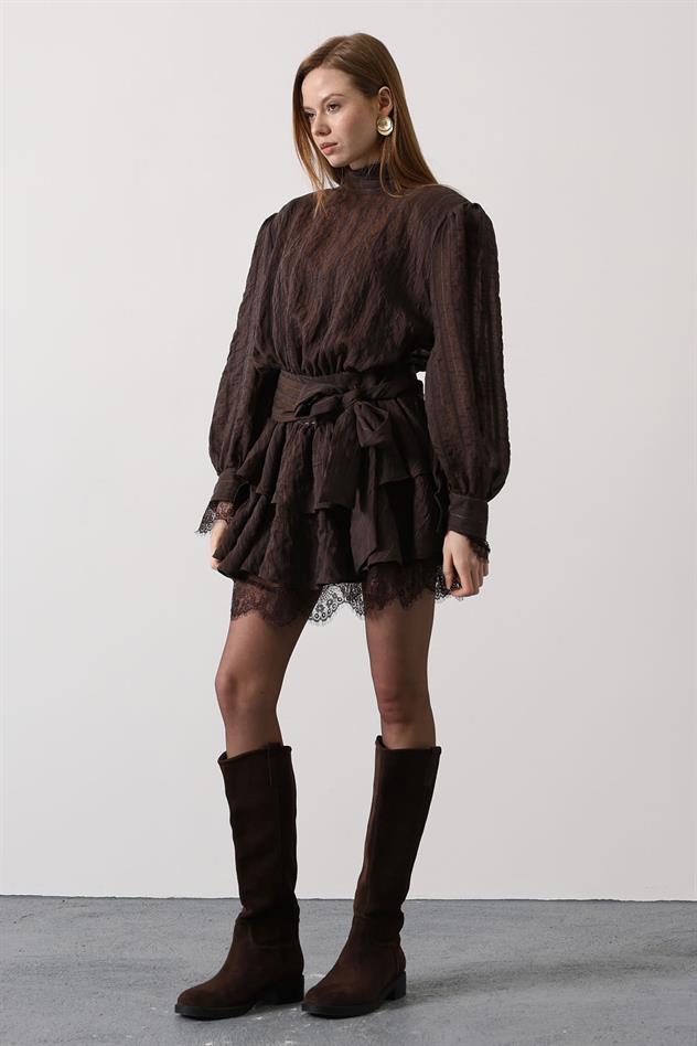 SİMLİ CİZGİLİ DANTELLİ MİNİ ELBİSE - Kahve