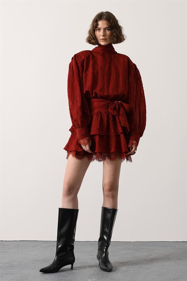 SİMLİ CİZGİLİ DANTELLİ MİNİ ELBİSE - Bordo