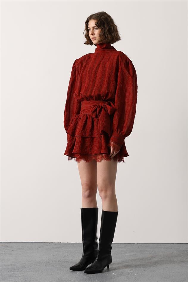 SİMLİ CİZGİLİ DANTELLİ MİNİ ELBİSE - Bordo