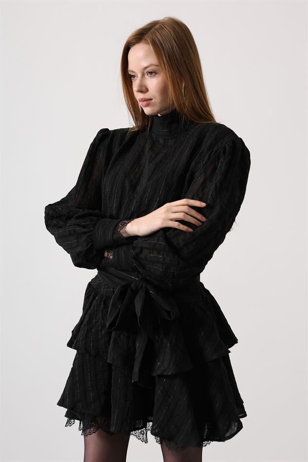 SİMLİ CİZGİLİ DANTELLİ MİNİ ELBİSE - Siyah