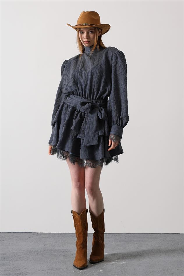 SİMLİ CİZGİLİ DANTELLİ MİNİ ELBİSE - Mavi