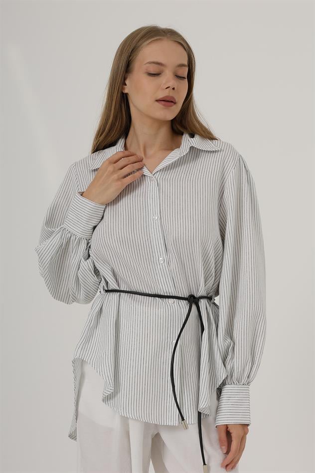 Simli Çizgili Kemerli Gömlek - Beyaz