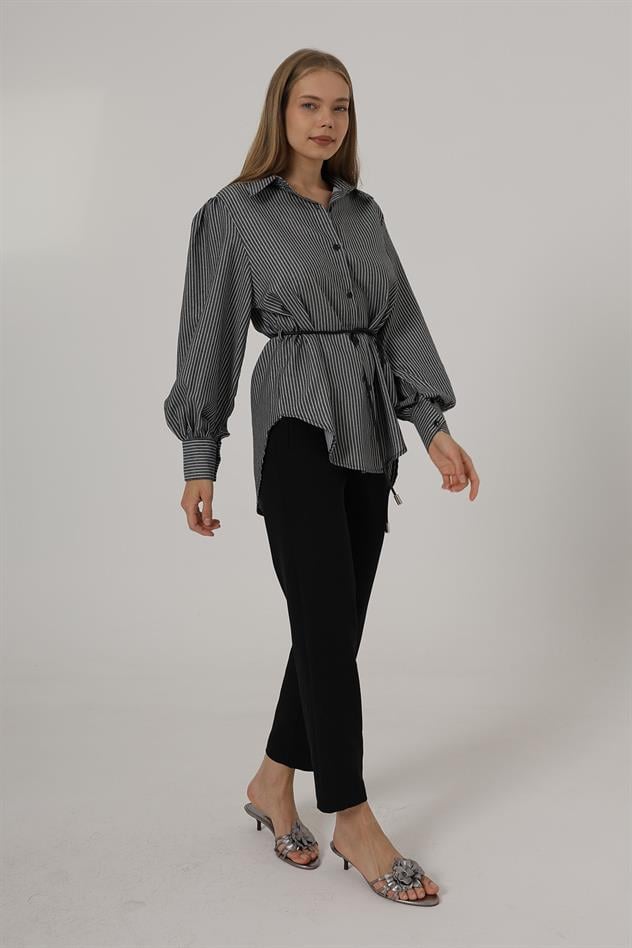 Simli Çizgili Kemerli Gömlek - Siyah