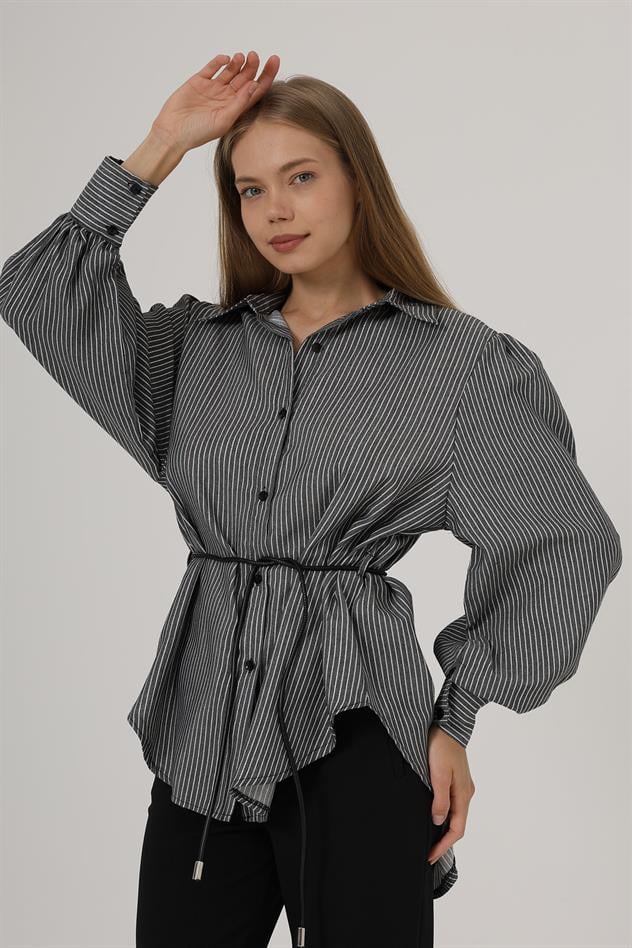 Simli Çizgili Kemerli Gömlek - Siyah