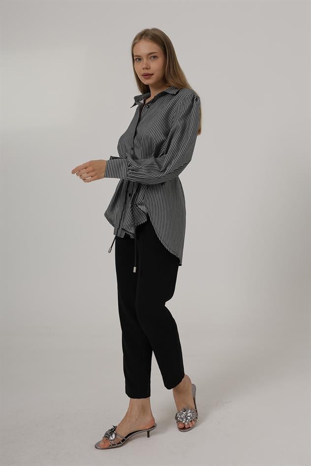 Simli Çizgili Kemerli Gömlek - Siyah