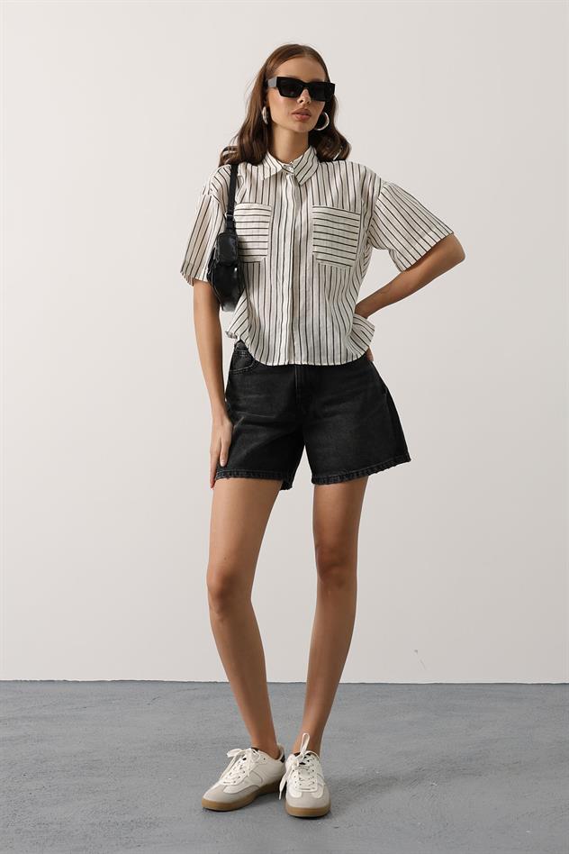Simli Çizgili Kısa Kol Gömlek - Siyah